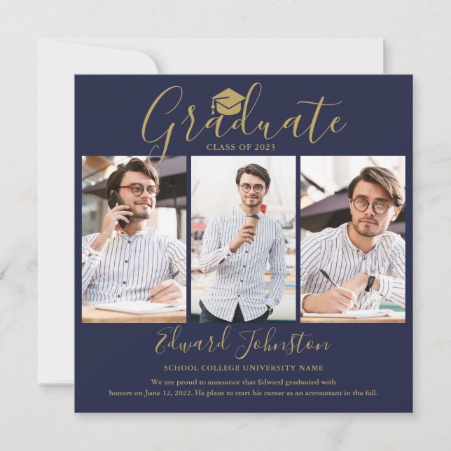 Navy Blue Gold Script Graduate 4 Photo Graduation Announcement (Front)