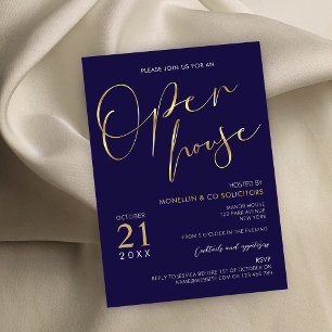 Navy Blue & Gold Script Logo Business Open House Invitation