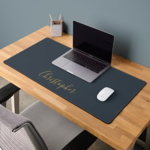 Navy Blue Gold Script Name Minimalist Monogram Men Desk Mat