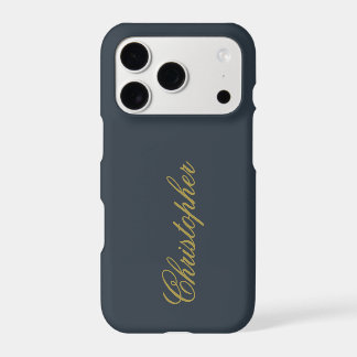 Navy Blue Gold Script Name Monogram Minimalist Men