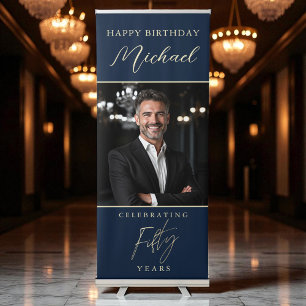 Navy Blue Gold Script Photo 50th Birthday Retractable Banner