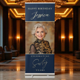 Navy Blue Gold Script Photo 60th Birthday Retractable Banner