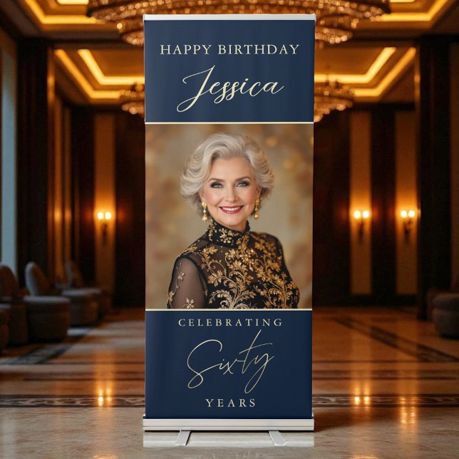 Navy Blue Gold Script Photo 60th Birthday Retractable Banner (Creator Uploaded)