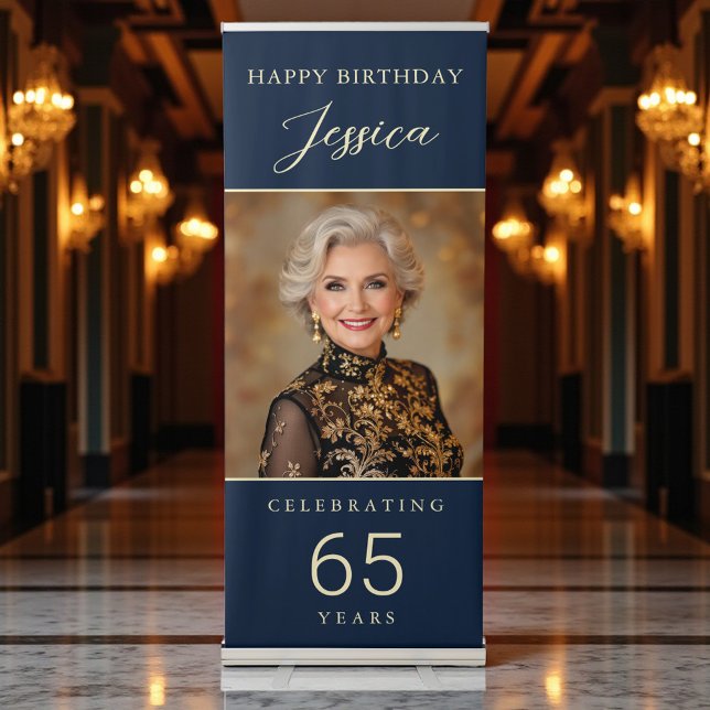 Navy Blue Gold Script Photo Any Age Birthday Retractable Banner (Creator Uploaded)