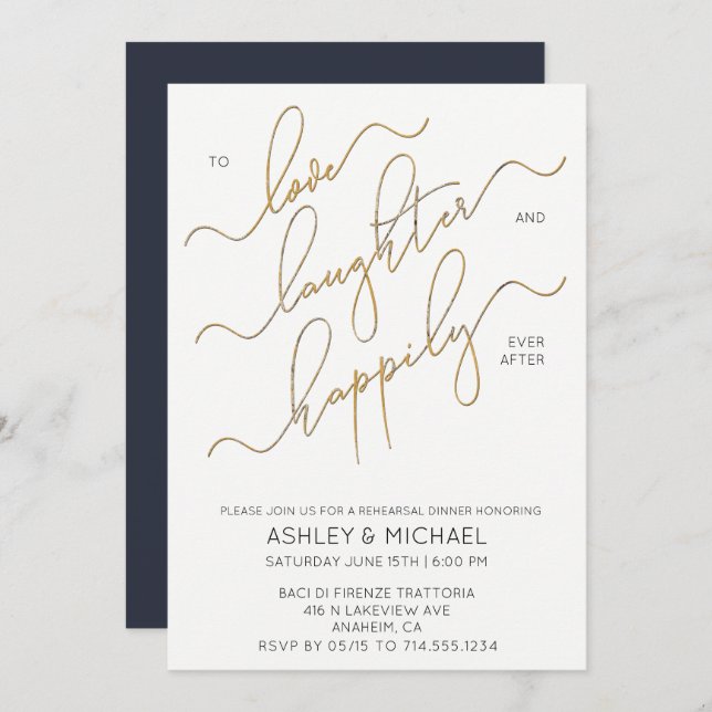 Navy Blue Gold Script Rehearsal Dinner Invite (Front/Back)