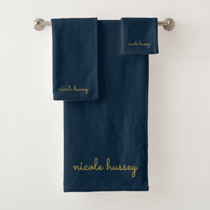 Navy Blue Gold Script    Stylish Monogram Modern Bath Towel Set