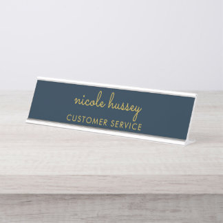 Navy Blue Gold Script  | Stylish Monogram Modern Desk Name Plate