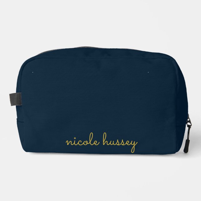 Navy Blue Gold Script  | Stylish Monogram Modern Dopp Kit (Front)