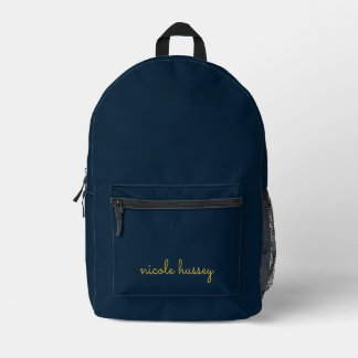 Navy Blue Gold Script  | Stylish Monogram Modern Printed Backpack