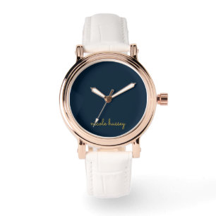 Navy Blue Gold Script Stylish Monogram Modern Watch