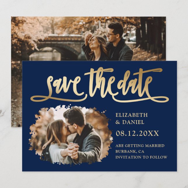 Navy Blue Gold Script Wedding Photo Save The Date (Front/Back)