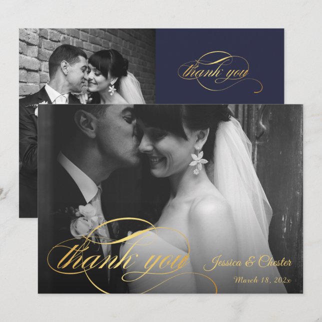 Navy Blue & Gold Script Wedding  Photo Thank You (Front/Back)