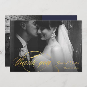 Navy Blue & Gold Script Wedding  Photo Thank You