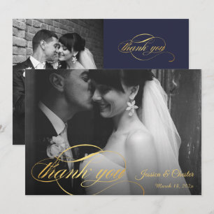 Navy Blue & Gold Script Wedding  Photo Thank You Card