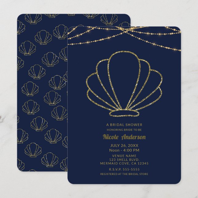 Navy Blue & Gold Sea Shell Mermaid Bridal Shower Invitation (Front/Back)