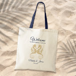 Navy Blue Gold Seahorses Wedding Welcome Tote Bag<br><div class="desc">Customise this navy blue and gold "Welcome" tote bag with your own special touch. This modern design features modern script,  navy blue text and artistic gold seahorses. Personalise it with your names,  wedding date and location. If you need help or matching items,  please contact me.</div>