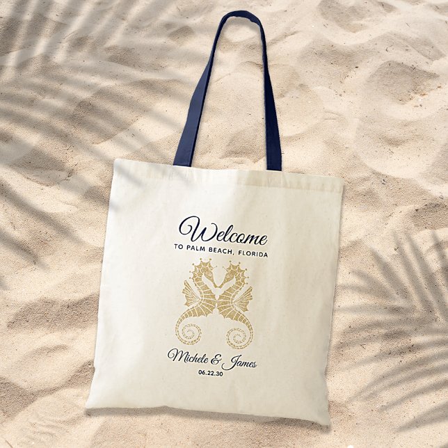 Navy Blue Gold Seahorses Wedding Welcome Tote Bag (Creator Uploaded)