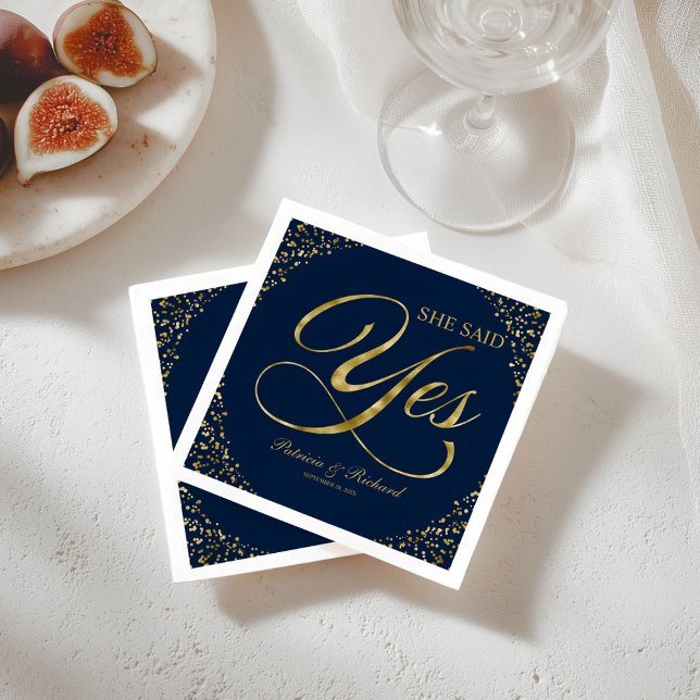 Navy Blue Gold She Said Yes Engagement Party Napkin (Creator Uploaded)