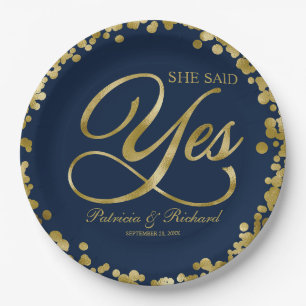 Navy Blue Gold She Said Yes Engagement Party Paper Plate