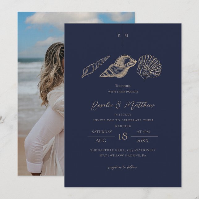 Navy Blue & Gold Shells Coastal Wedding  Invitation (Front/Back)