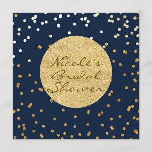 Navy Blue & Gold Shiny Confetti Dots Modern Chic Invitation