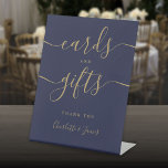 Navy Blue Gold Signature Script Cards And Gifts Pedestal Sign<br><div class="desc">This elegant navy blue and gold script minimalist cards and gifts sign is perfect for all celebrations. Designed by Thisisnotme©</div>