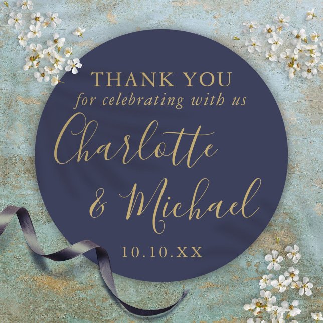 Navy Blue Gold Signature Wedding Favour Thank You Classic Round Sticker (Navy Blue Gold Signature Wedding Favour Thank You Classic Round Sticker)