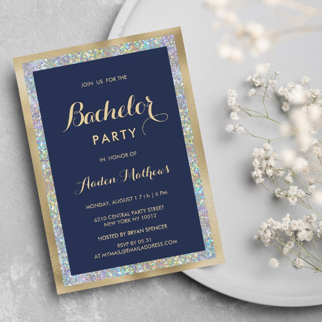Navy blue gold silver holographic Bachelor Party Invitation (Navy blue gold silver holographic Bachelor Party )