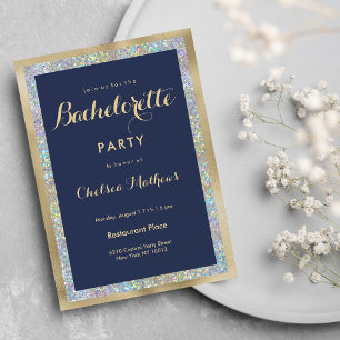 Navy blue gold silver holographic Bachelorette Invitation