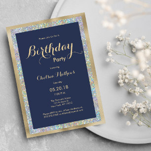 Navy blue gold silver holographic Birthday Party Invitation
