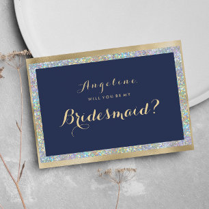 Navy blue gold silver holographic Bridesmaid Invitation