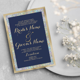Navy blue gold silver holographic glitter Wedding Invitation