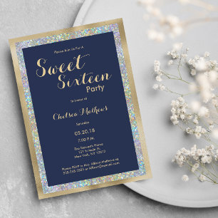 Navy blue gold silver holographic Sweet Sixteen  Invitation