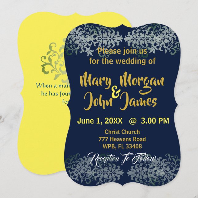 Navy Blue Gold Silver Yellow Wedding Invitation (Front/Back)