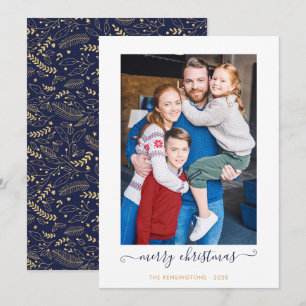 Navy Blue Gold Simple Script Merry Christmas Photo Holiday Card
