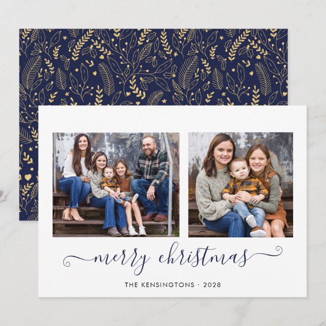 Navy Blue Gold Simple Script Merry Christmas Photo Holiday Card (Front/Back)