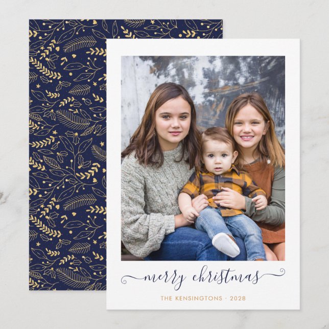 Navy Blue Gold Simple Script Merry Christmas Photo Holiday Card (Front/Back)
