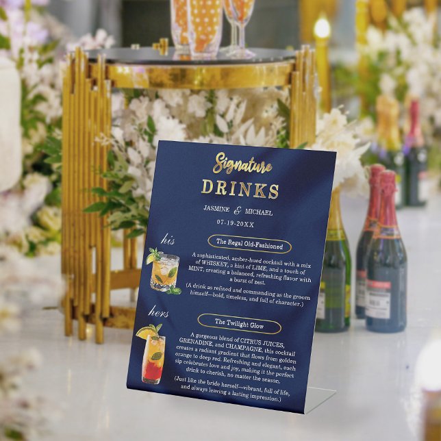 Navy Blue & Gold Simple Wedding Signature Drinks  Pedestal Sign (Creator Uploaded)