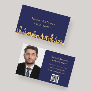 Navy blue gold skyline QR code photo Business Card