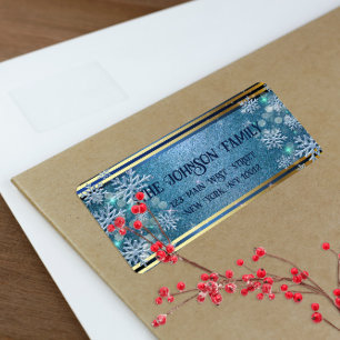 Navy Blue Gold Snowflake Christmas Return Address Label