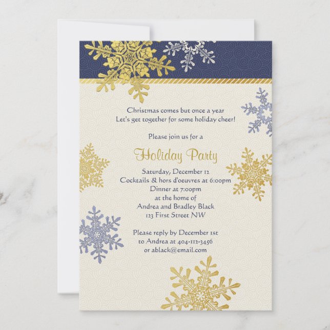 Navy Blue Gold Snowflake Winter Christmas Holiday Invitation (Front)