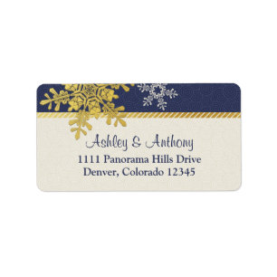 Navy Blue Gold Snowflake Winter Wedding Address Label