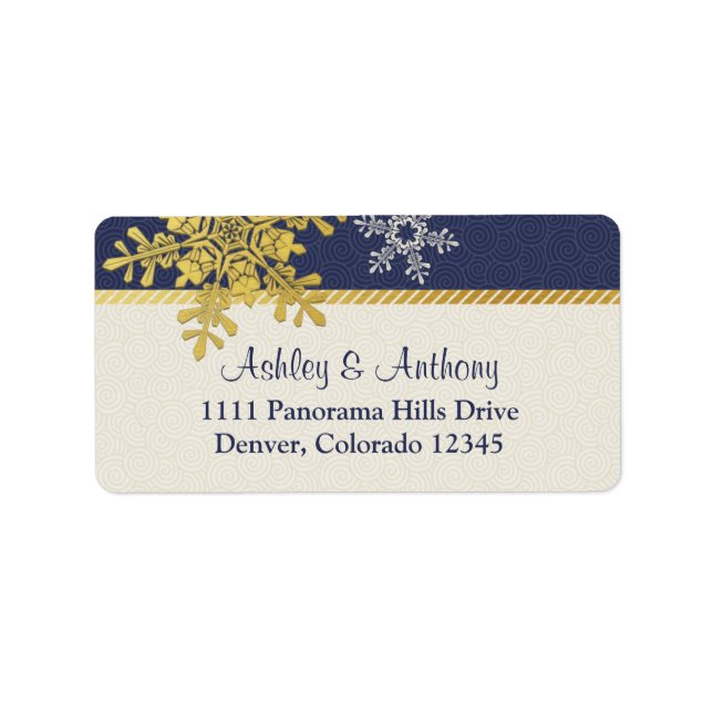 Navy Blue Gold Snowflake Winter Wedding Address Label (Front)
