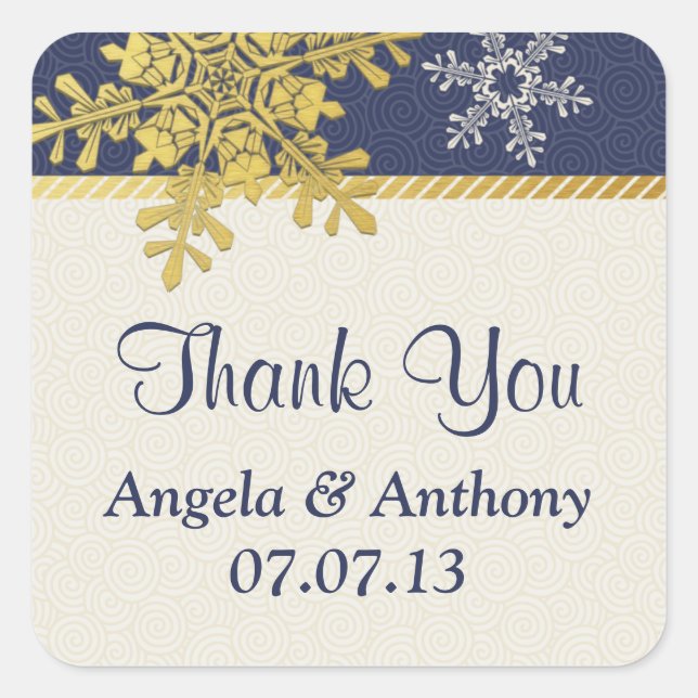 Navy Blue Gold Snowflake Winter Wedding Stickers (Front)