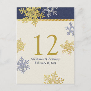 Navy Blue Gold Snowflake Winter Wedding Table Card