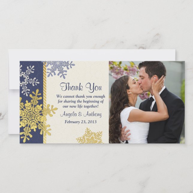 Navy Blue Gold Snowflake Winter Wedding Thank You Card (Front)