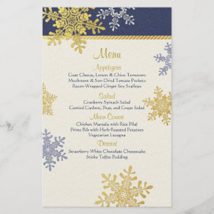 Navy Blue Gold Snowflakes Winter Wedding Menu Card
