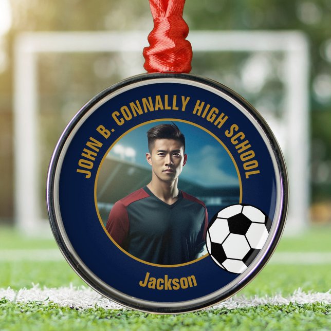 Navy Blue Gold Soccer Player Photo Christmas Metal Tree Decoration (Creator Uploaded)