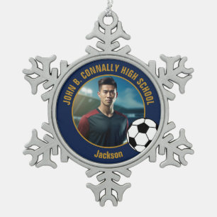 Navy Blue Gold Soccer Player Photo High School Snowflake Pewter Christmas Ornament