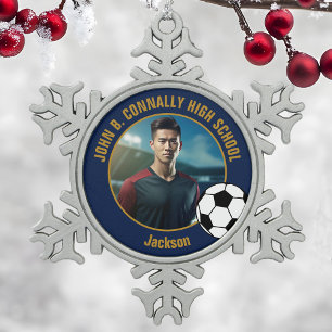 Navy Blue Gold Soccer Player Photo High School Snowflake Pewter Christmas Ornament